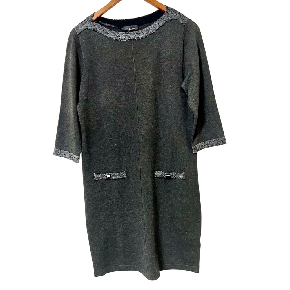 ALYX Dress S Gray Knit 3/4 Sleeve Boat Neck Silver Button Accent Workwear‎ Chic